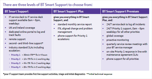There are three levels of BT Smart Support to choose from: